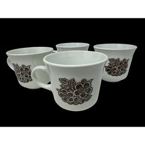Set Of 4 Vintage 1980's Corelle Corning Batik Brown Flower Coffee Cups Mugs